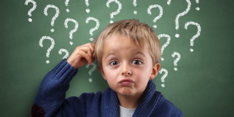Child Thinking With Question Mark On Blackboard